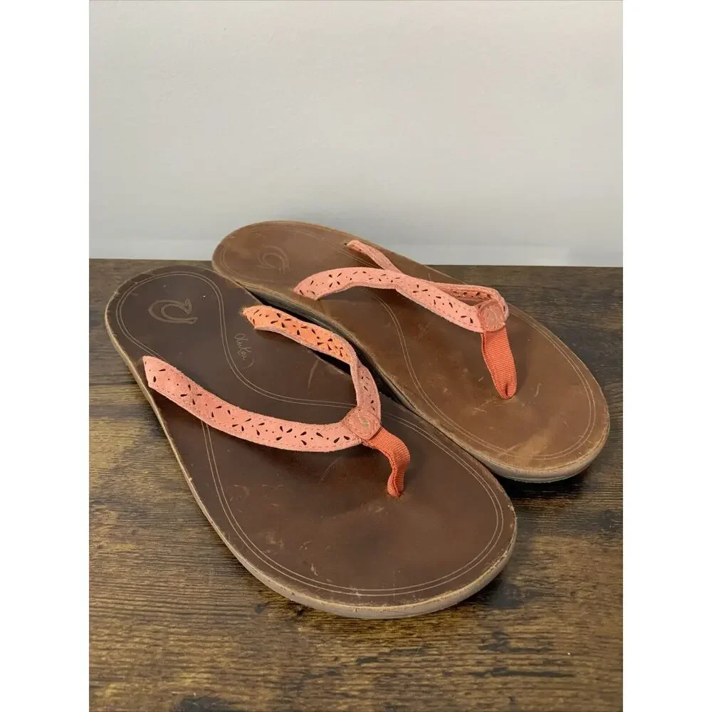 OluKai Puka Flip Flops Thong Sandals Pink/Coral Leather Women's 8 ~ Beach/Summer